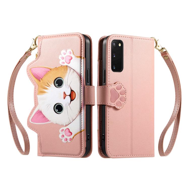 For Galaxy S20 FE Cat-shaped Zipper Wallet Vegan Leather Phone Case with Strap