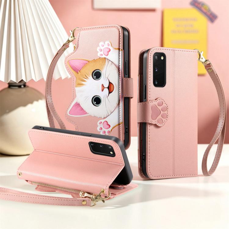 For Galaxy S20 FE Cat-shaped Zipper Wallet Vegan Leather Phone Case with Strap