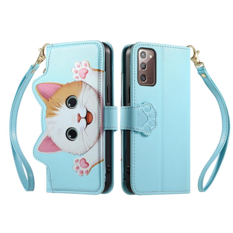 For Galaxy A41 Cat-shaped Zipper Wallet Vegan Leather Phone Case with Strap
