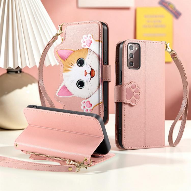 For Galaxy A41 Cat-shaped Zipper Wallet Vegan Leather Phone Case with Strap