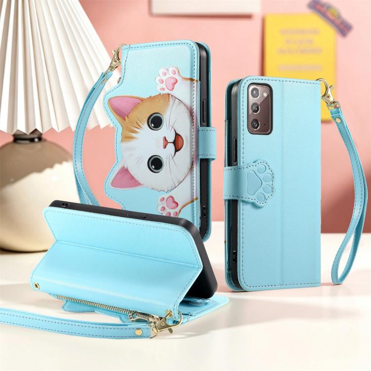 For Galaxy A72 5G Cat-shaped Zipper Wallet Vegan Leather Phone Case with Strap
