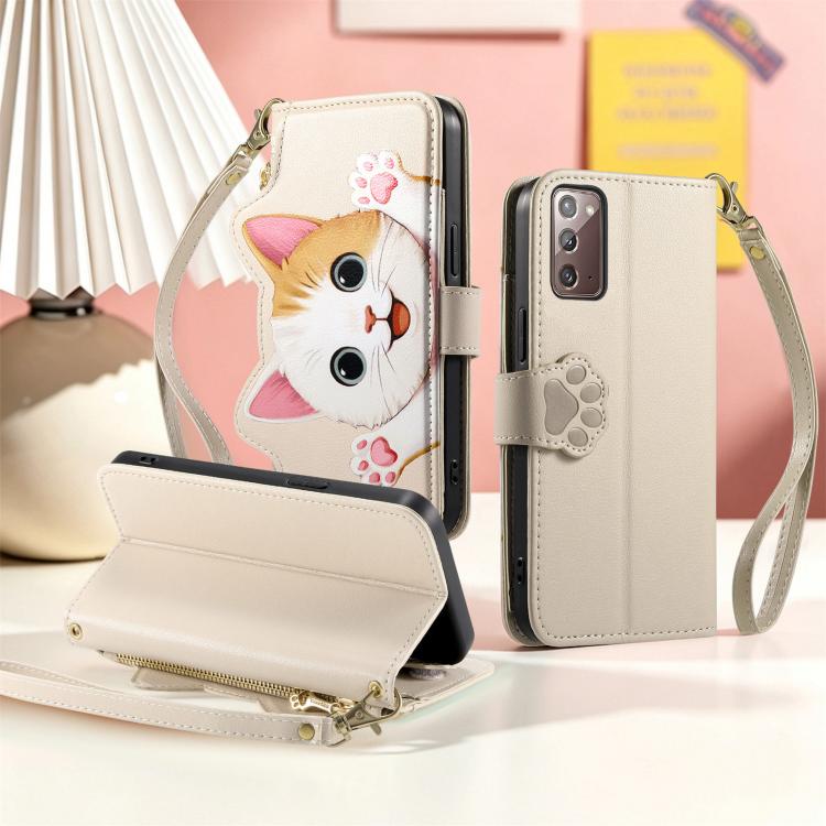 For Galaxy A72 5G Cat-shaped Zipper Wallet Vegan Leather Phone Case with Strap