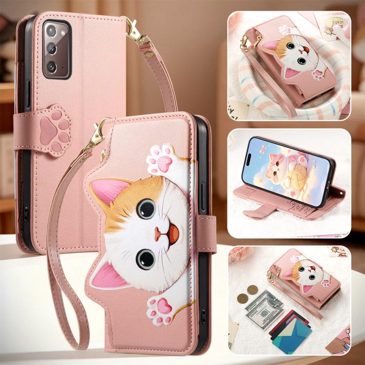 For Galaxy Note 20 Cat-shaped Zipper Wallet Vegan Leather Phone Case with Strap