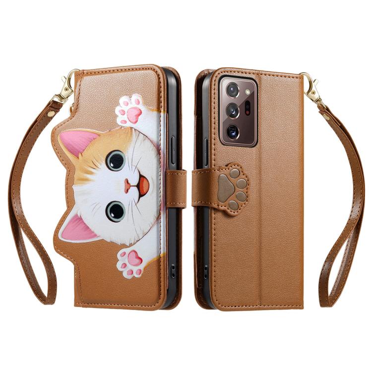 For Galaxy Note 20 Ultra Cat-shaped Zipper Wallet Vegan Leather Phone Case with Strap