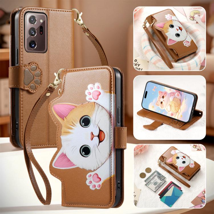 For Galaxy Note 20 Ultra Cat-shaped Zipper Wallet Vegan Leather Phone Case with Strap