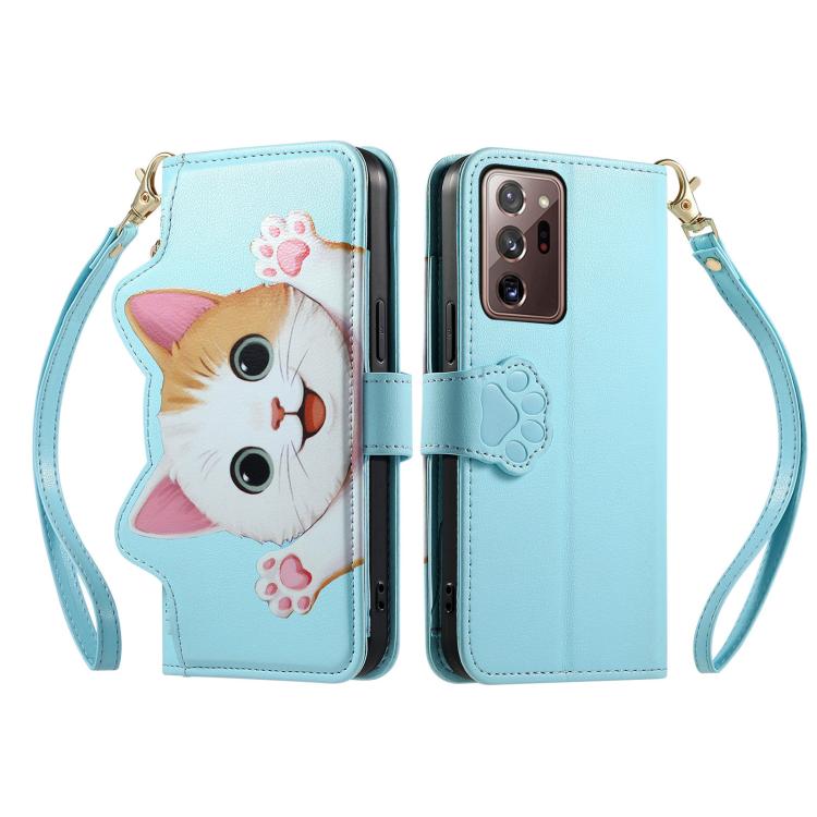 For Galaxy Note 20 Ultra Cat-shaped Zipper Wallet Vegan Leather Phone Case with Strap