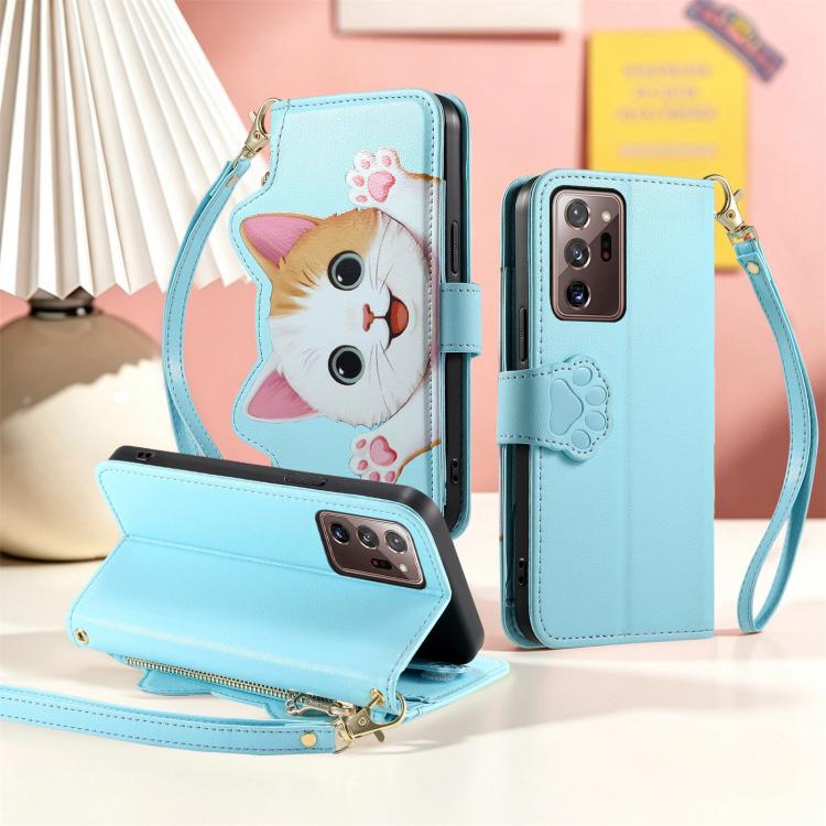 For Galaxy Note 20 Ultra Cat-shaped Zipper Wallet Vegan Leather Phone Case with Strap