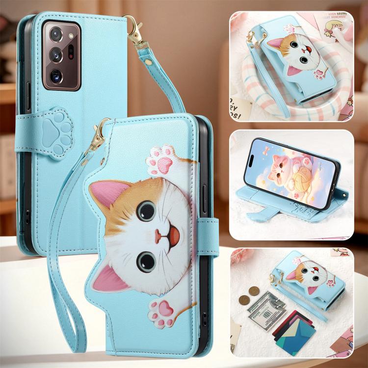 For Galaxy Note 20 Ultra Cat-shaped Zipper Wallet Vegan Leather Phone Case with Strap