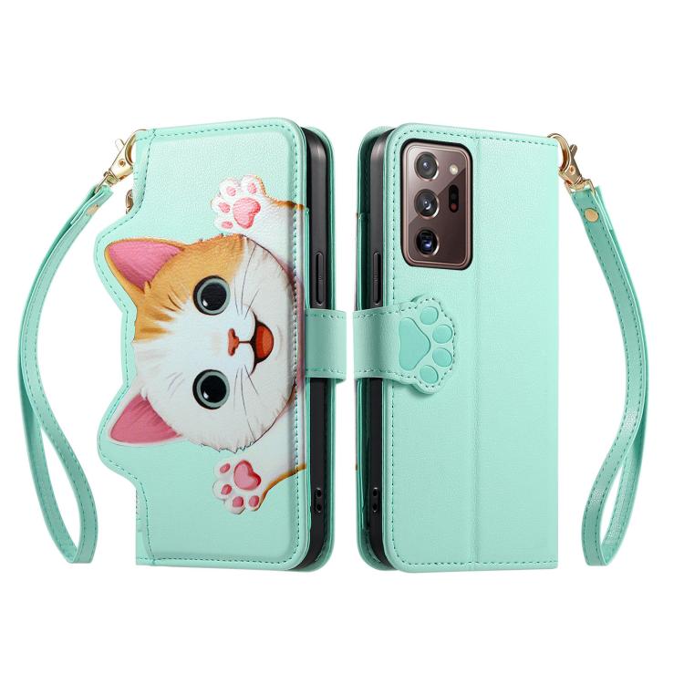 For Galaxy Note 20 Ultra Cat-shaped Zipper Wallet Vegan Leather Phone Case with Strap