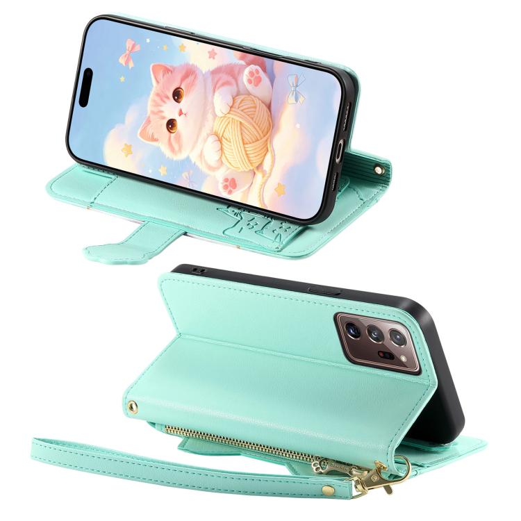 For Galaxy Note 20 Ultra Cat-shaped Zipper Wallet Vegan Leather Phone Case with Strap