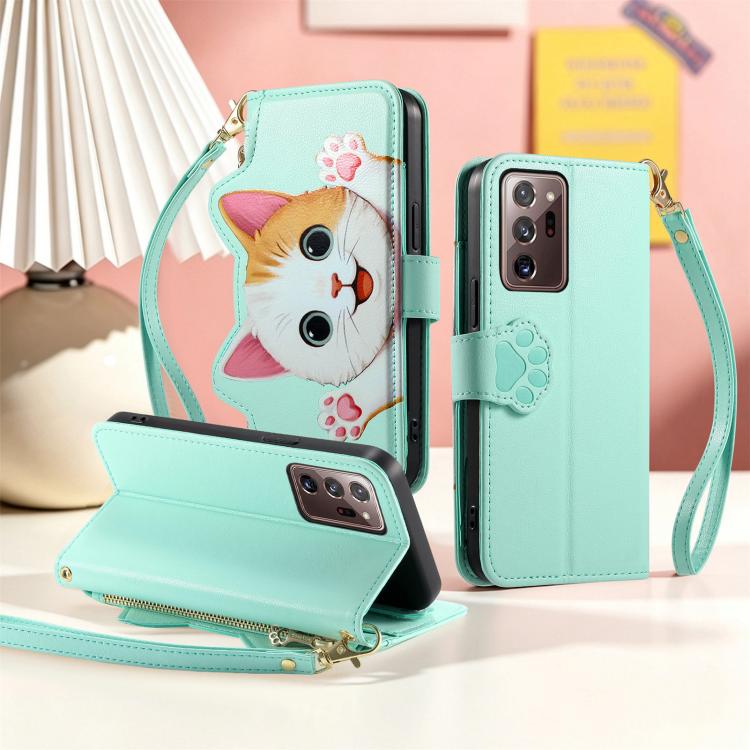 For Galaxy Note 20 Ultra Cat-shaped Zipper Wallet Vegan Leather Phone Case with Strap