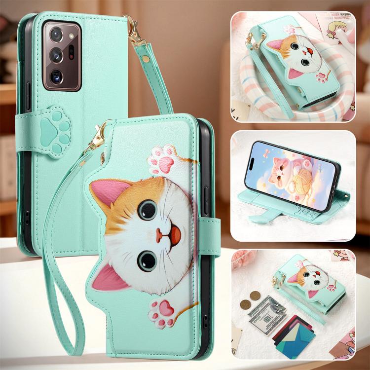 For Galaxy Note 20 Ultra Cat-shaped Zipper Wallet Vegan Leather Phone Case with Strap