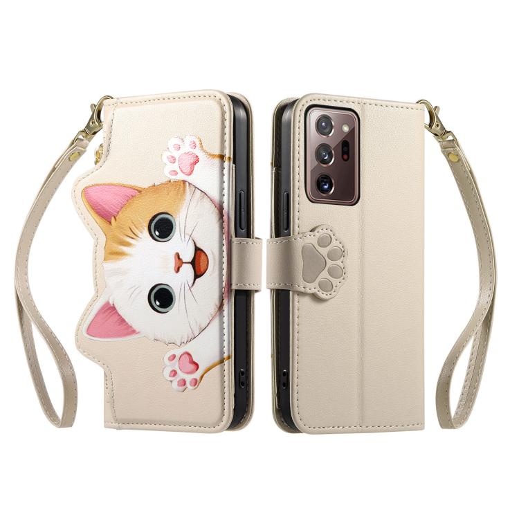 For Galaxy Note 20 Ultra Cat-shaped Zipper Wallet Vegan Leather Phone Case with Strap