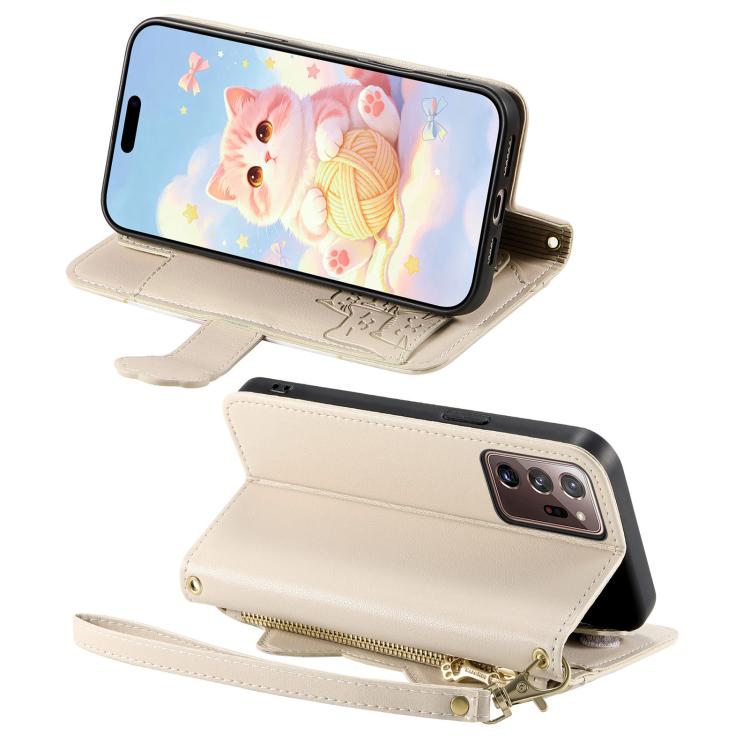 For Galaxy Note 20 Ultra Cat-shaped Zipper Wallet Vegan Leather Phone Case with Strap