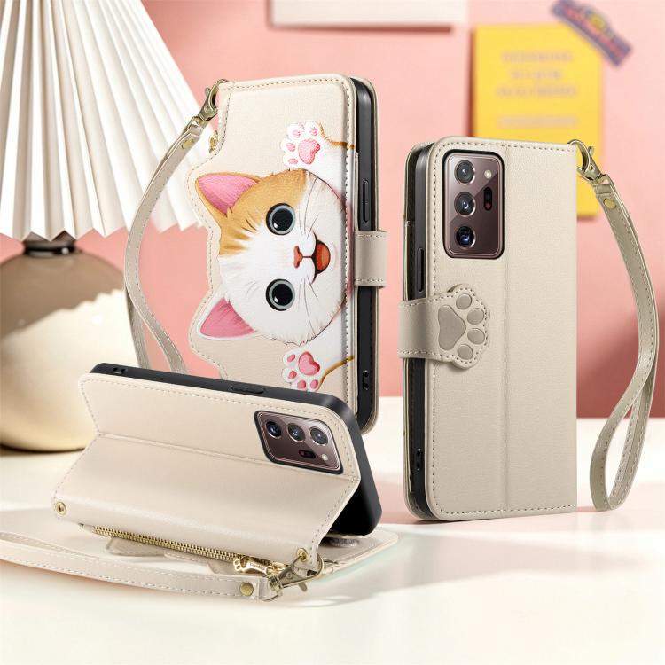 For Galaxy Note 20 Ultra Cat-shaped Zipper Wallet Vegan Leather Phone Case with Strap