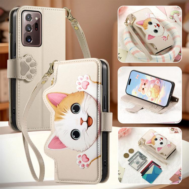 For Galaxy Note 20 Ultra Cat-shaped Zipper Wallet Vegan Leather Phone Case with Strap