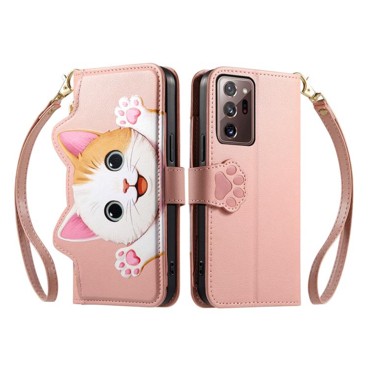 For Galaxy Note 20 Ultra Cat-shaped Zipper Wallet Vegan Leather Phone Case with Strap