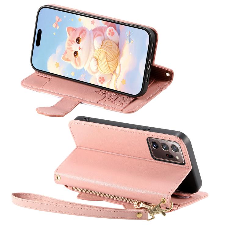 For Galaxy Note 20 Ultra Cat-shaped Zipper Wallet Vegan Leather Phone Case with Strap