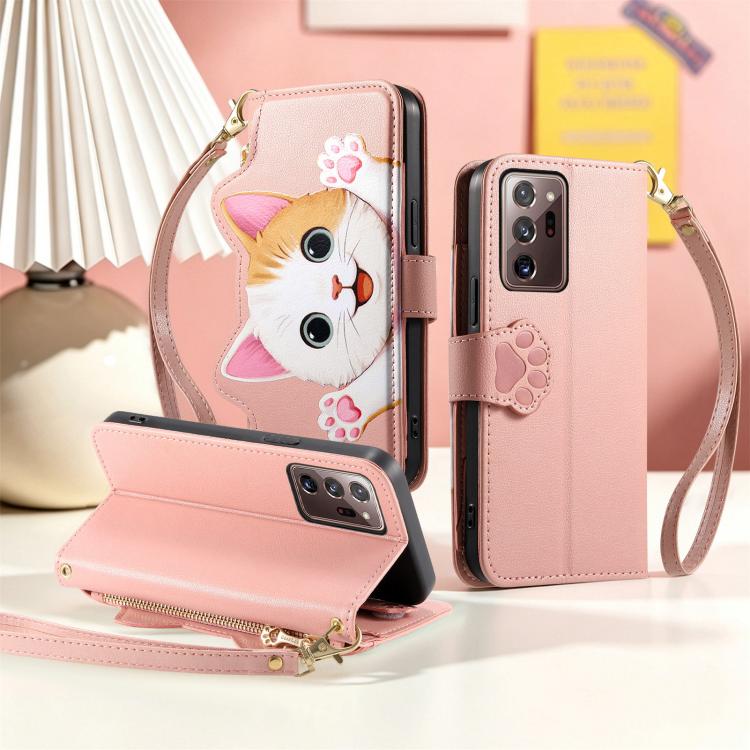 For Galaxy Note 20 Ultra Cat-shaped Zipper Wallet Vegan Leather Phone Case with Strap