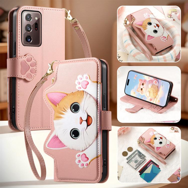 For Galaxy Note 20 Ultra Cat-shaped Zipper Wallet Vegan Leather Phone Case with Strap