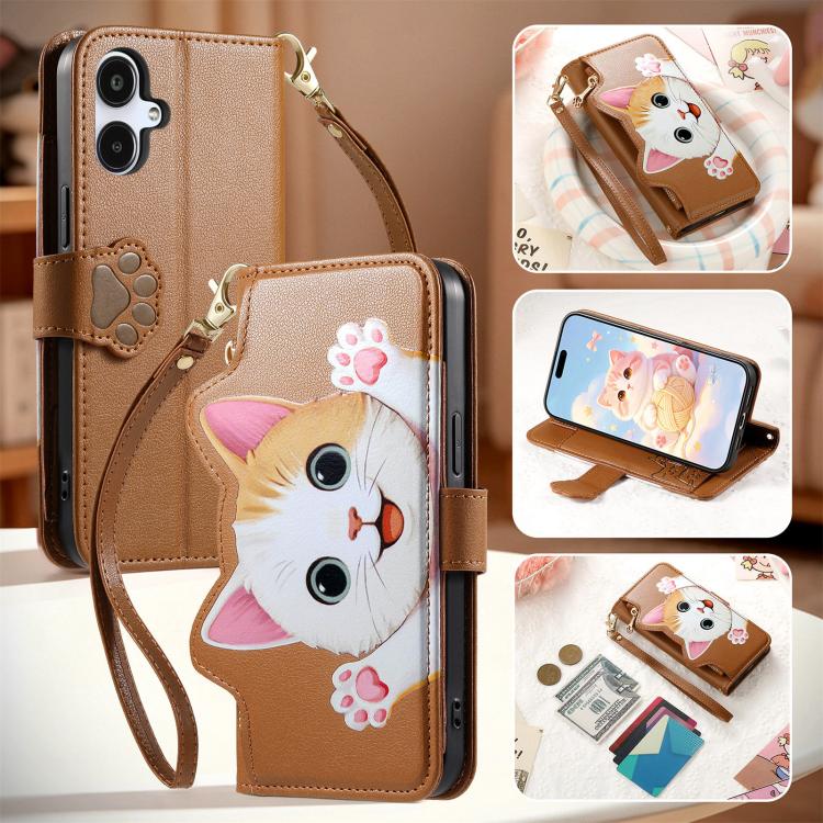 For Galaxy A05 Cat-shaped Zipper Wallet Vegan Leather Phone Case with Strap