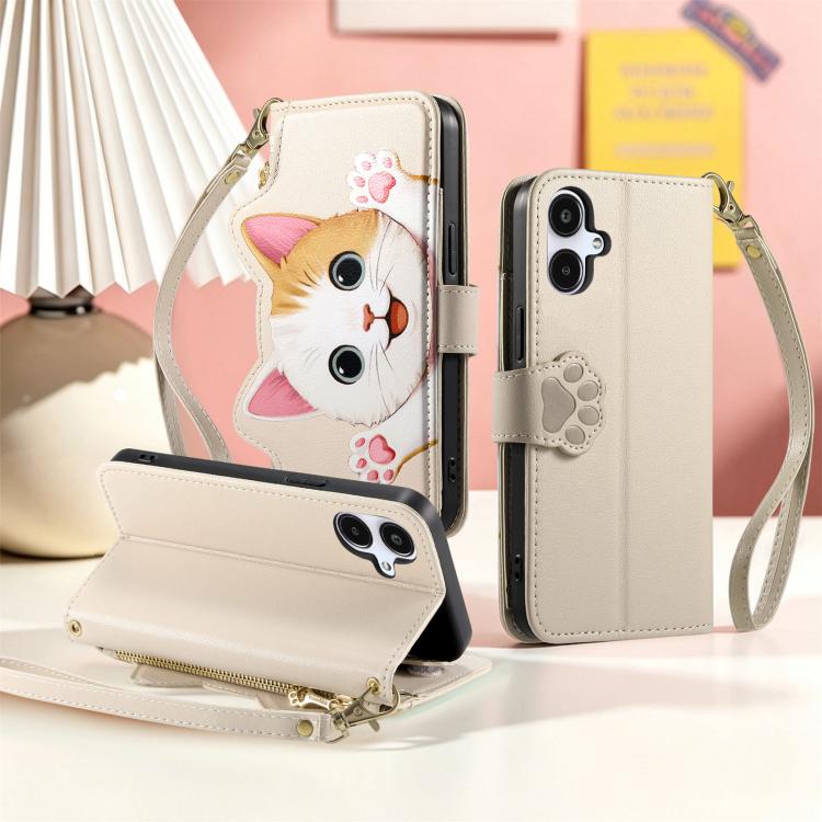 For Galaxy A05 Cat-shaped Zipper Wallet Vegan Leather Phone Case with Strap