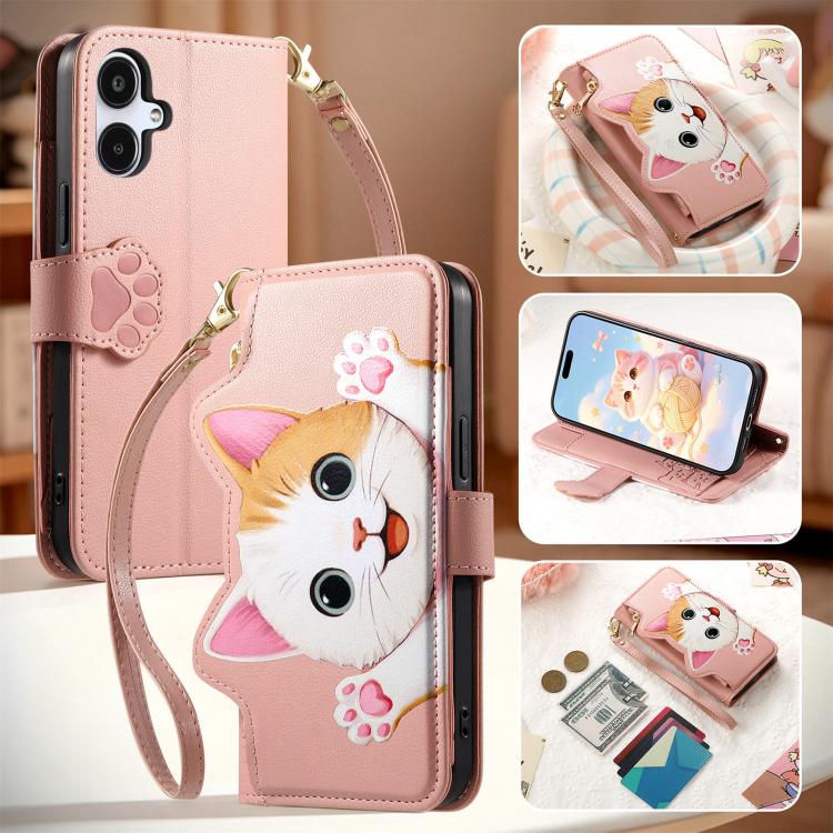 For Galaxy A05 Cat-shaped Zipper Wallet Vegan Leather Phone Case with Strap