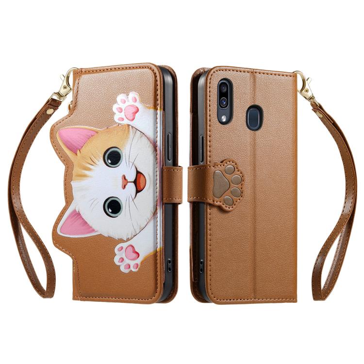 For Galaxy A31 Cat-shaped Zipper Wallet Vegan Leather Phone Case with Strap