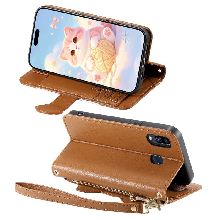 For Galaxy A31 Cat-shaped Zipper Wallet Vegan Leather Phone Case with Strap