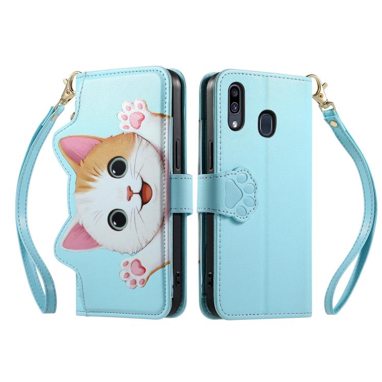 For Galaxy A31 Cat-shaped Zipper Wallet Vegan Leather Phone Case with Strap
