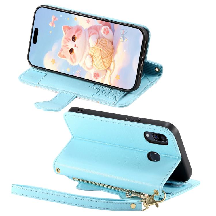 For Galaxy A31 Cat-shaped Zipper Wallet Vegan Leather Phone Case with Strap