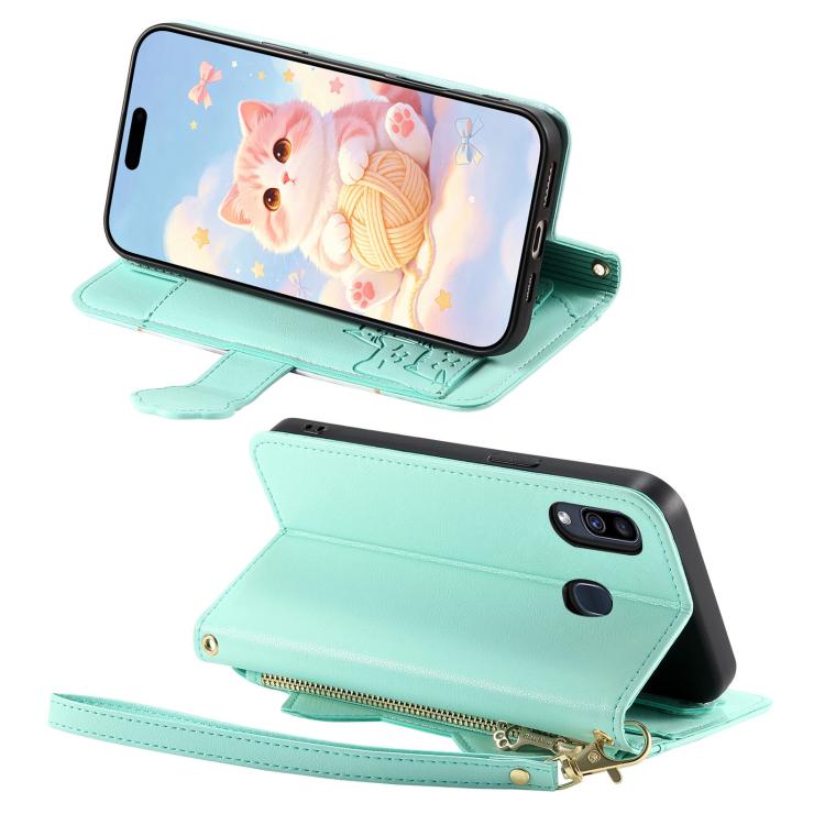 For Galaxy A31 Cat-shaped Zipper Wallet Vegan Leather Phone Case with Strap