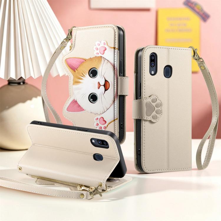 For Galaxy A31 Cat-shaped Zipper Wallet Vegan Leather Phone Case with Strap