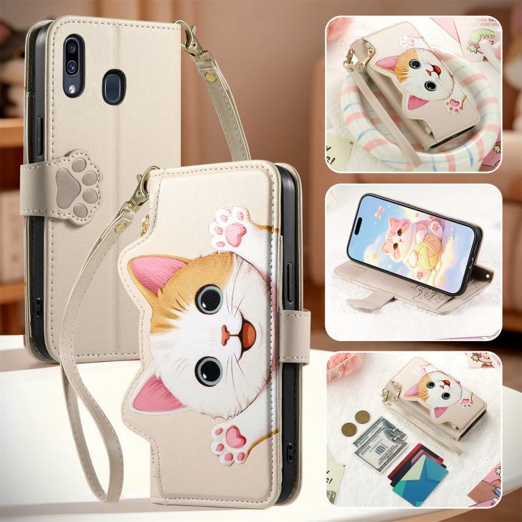 For Galaxy A31 Cat-shaped Zipper Wallet Vegan Leather Phone Case with Strap