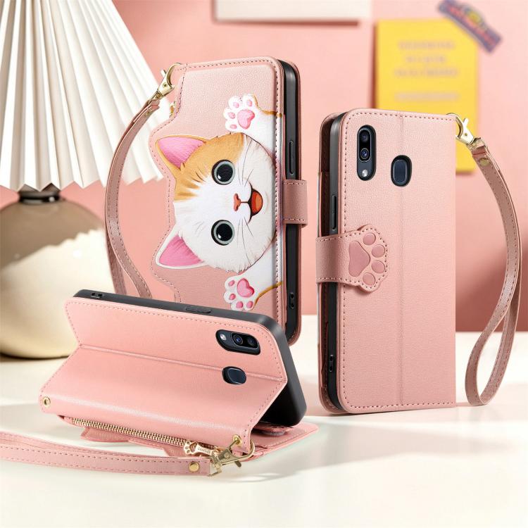 For Galaxy A31 Cat-shaped Zipper Wallet Vegan Leather Phone Case with Strap