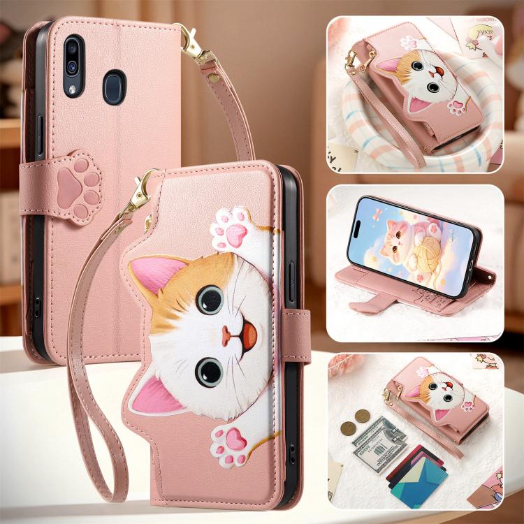 For Galaxy A31 Cat-shaped Zipper Wallet Vegan Leather Phone Case with Strap