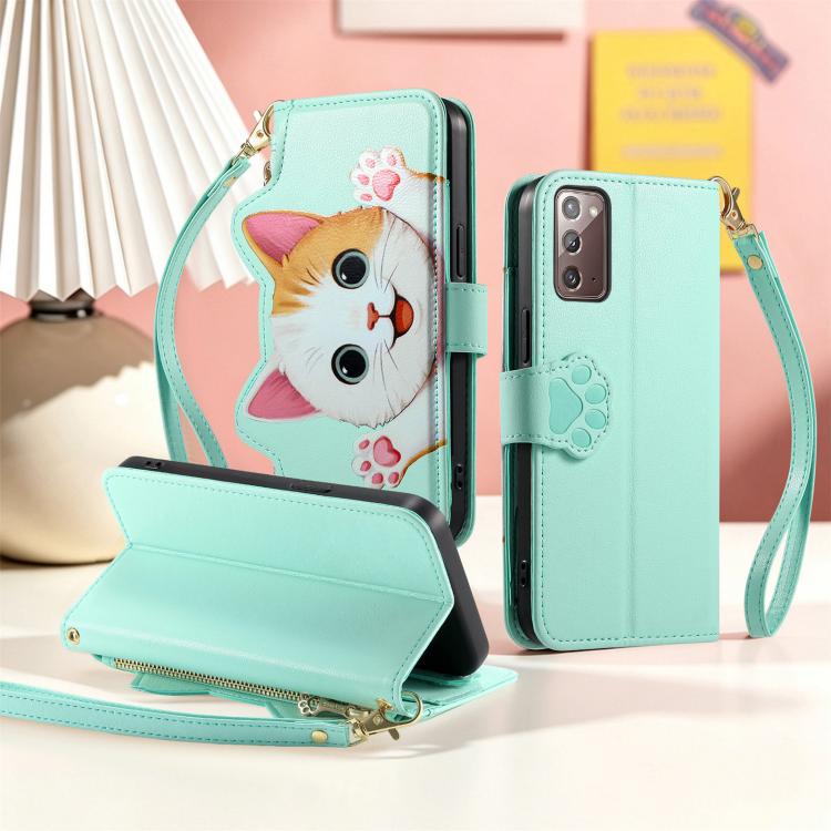 For Galaxy A71 Cat-shaped Zipper Wallet Vegan Leather Phone Case with Strap