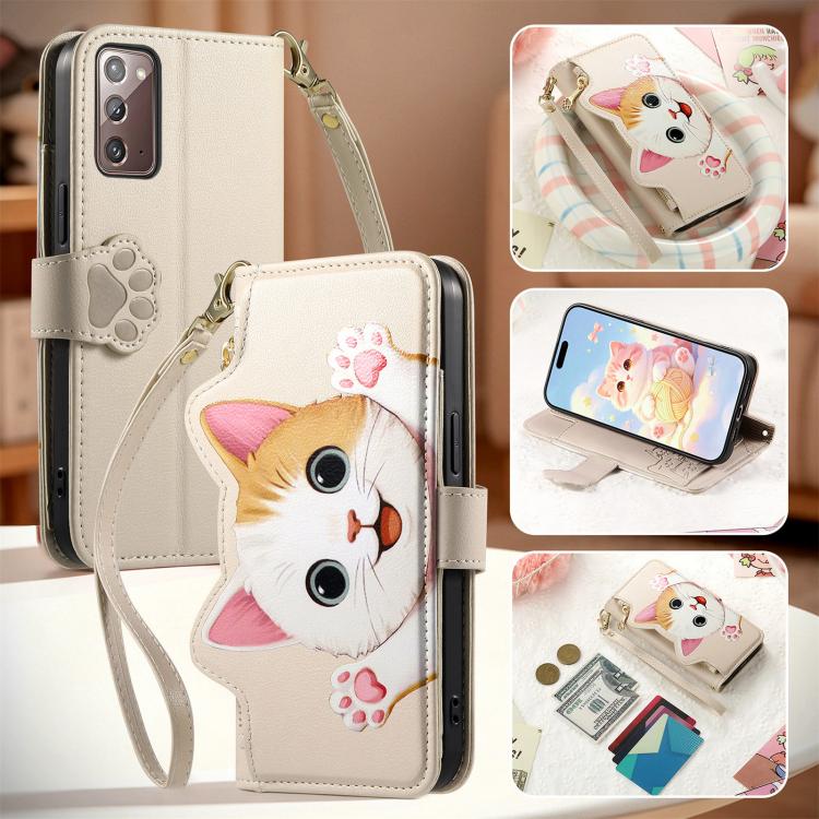 For Galaxy A71 Cat-shaped Zipper Wallet Vegan Leather Phone Case with Strap