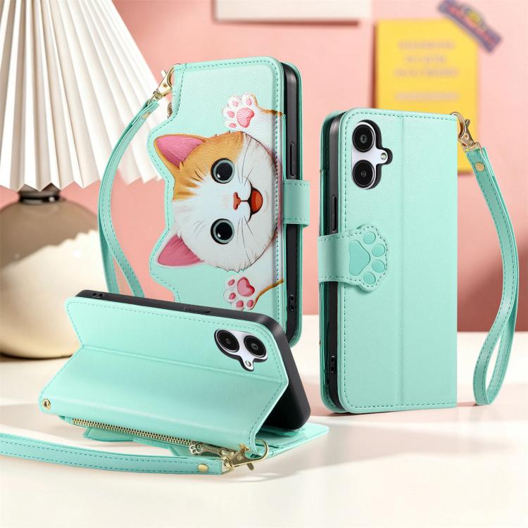 For Galaxy A06 Cat-shaped Zipper Wallet Vegan Leather Phone Case with Strap