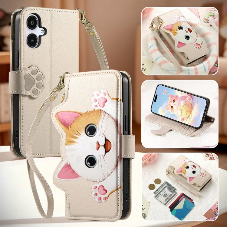For Galaxy A06 Cat-shaped Zipper Wallet Vegan Leather Phone Case with Strap
