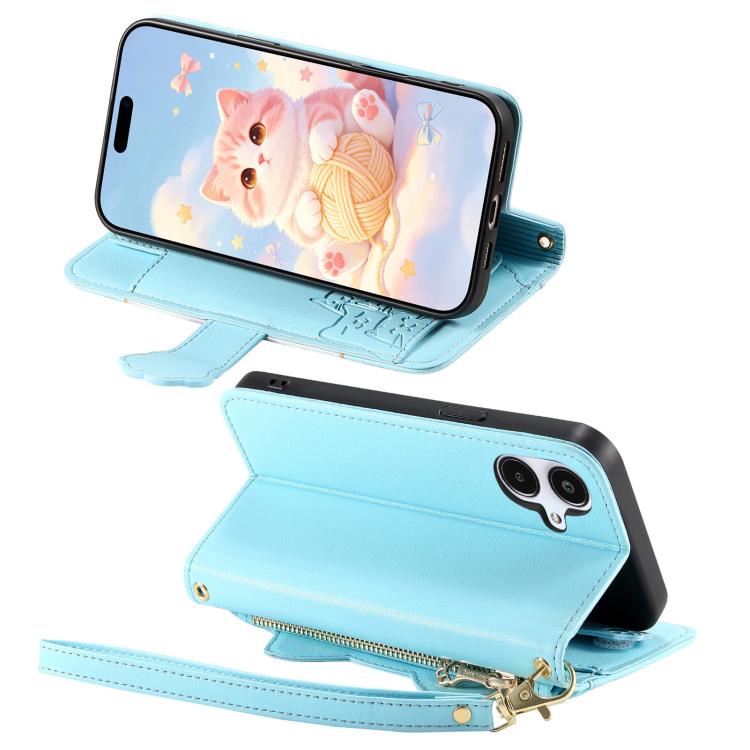 For Galaxy A07 Cat-shaped Zipper Wallet Vegan Leather Phone Case with Strap