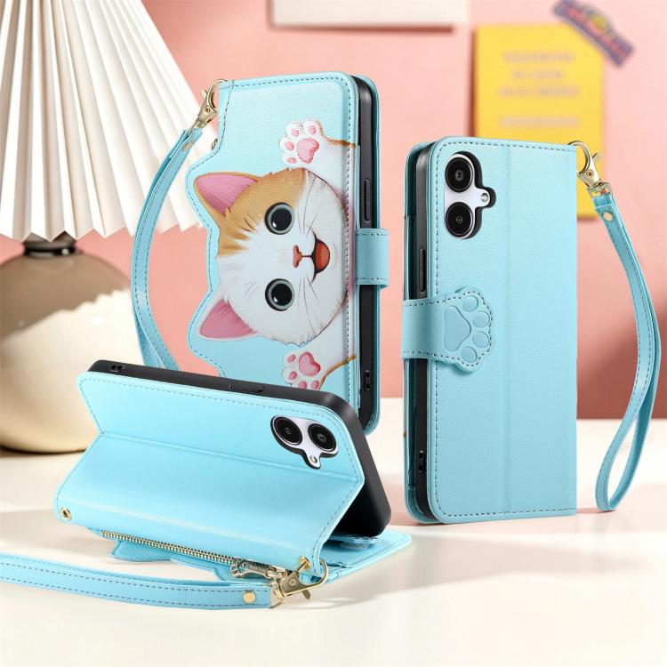 For Galaxy A07 Cat-shaped Zipper Wallet Vegan Leather Phone Case with Strap