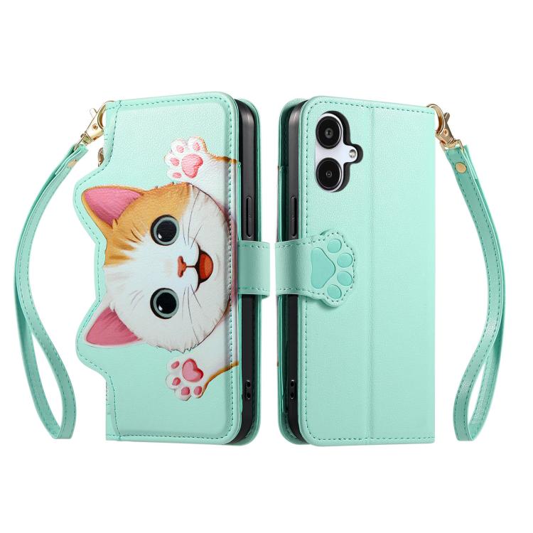 For Galaxy A07 Cat-shaped Zipper Wallet Vegan Leather Phone Case with Strap