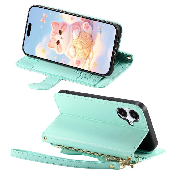 For Galaxy A07 Cat-shaped Zipper Wallet Vegan Leather Phone Case with Strap