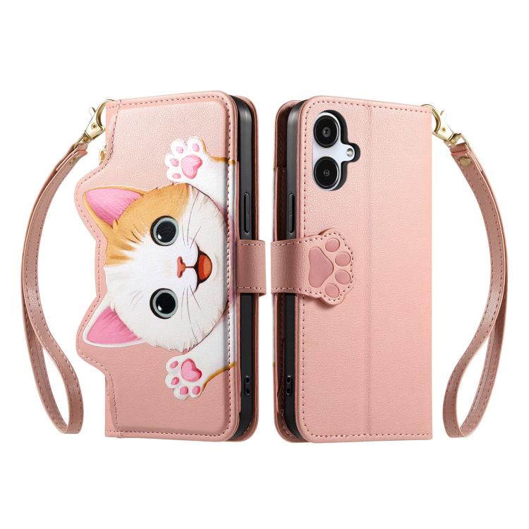For Galaxy A07 Cat-shaped Zipper Wallet Vegan Leather Phone Case with Strap