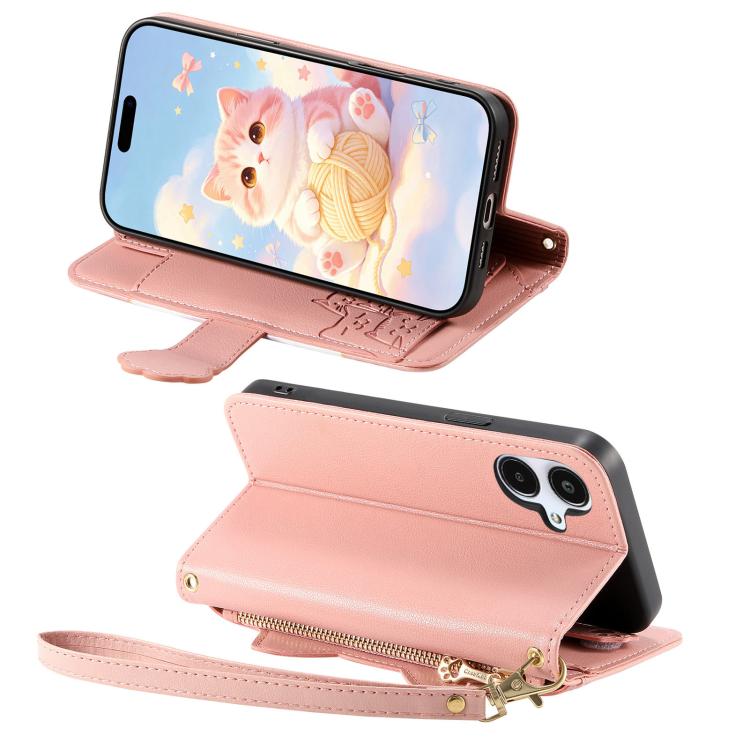 For Galaxy A07 Cat-shaped Zipper Wallet Vegan Leather Phone Case with Strap