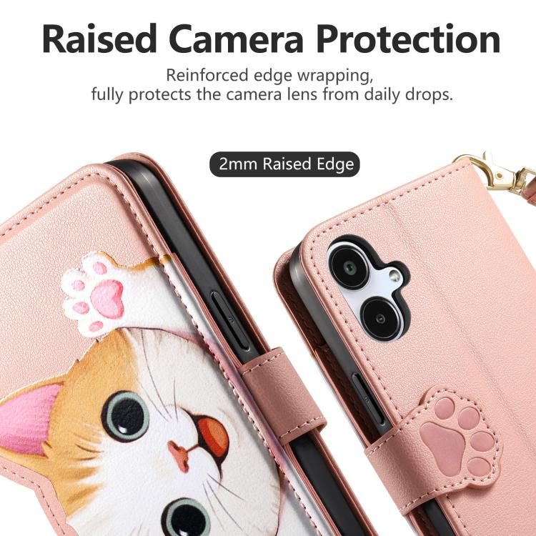 For Galaxy A07 Cat-shaped Zipper Wallet Vegan Leather Phone Case with Strap