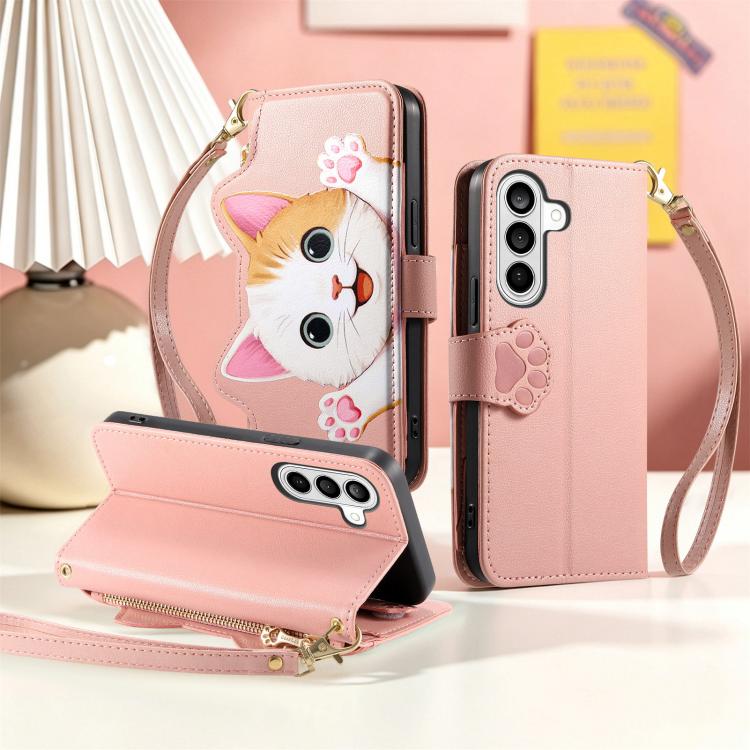 For Galaxy S24 FE 5G Cat-shaped Zipper Wallet Vegan Leather Phone Case with Strap