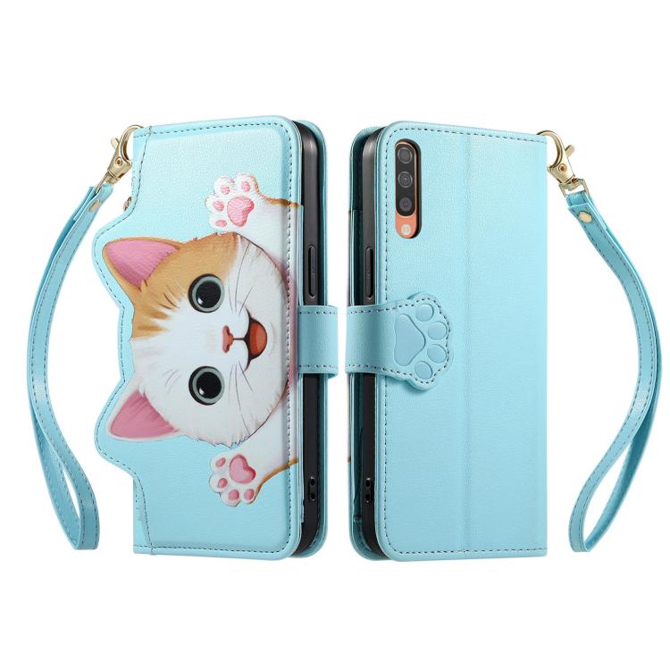For Galaxy A50 / A50s / A30s Cat-shaped Zipper Wallet Vegan Leather Phone Case with Strap