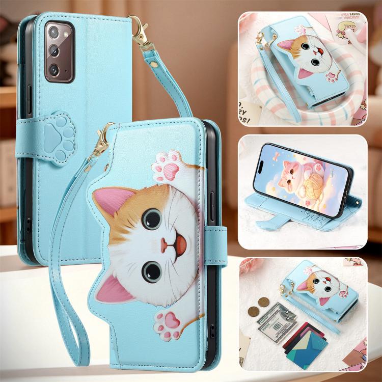 For Galaxy A51 Cat-shaped Zipper Wallet Vegan Leather Phone Case with Strap